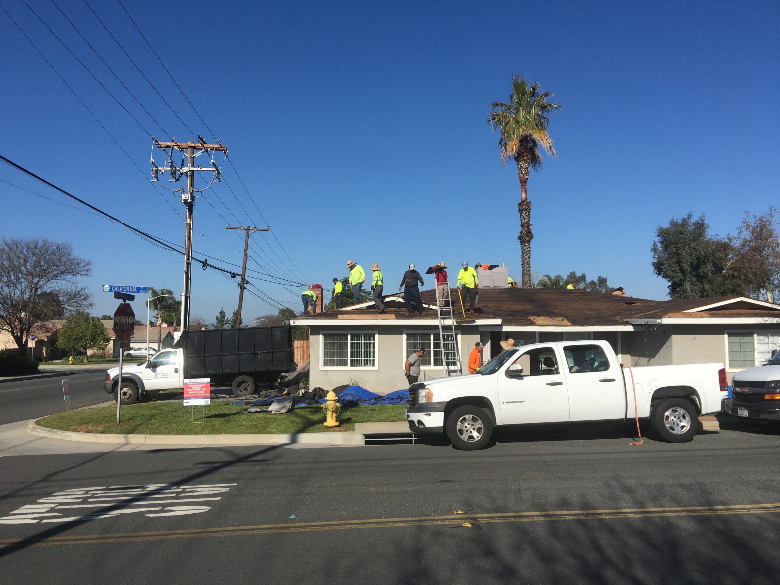 Yucaipa Roofing Installation this image shows step one which is the removal (Tear off) of the old roof. This roofing installation is located in the city of Yucaipa Ca