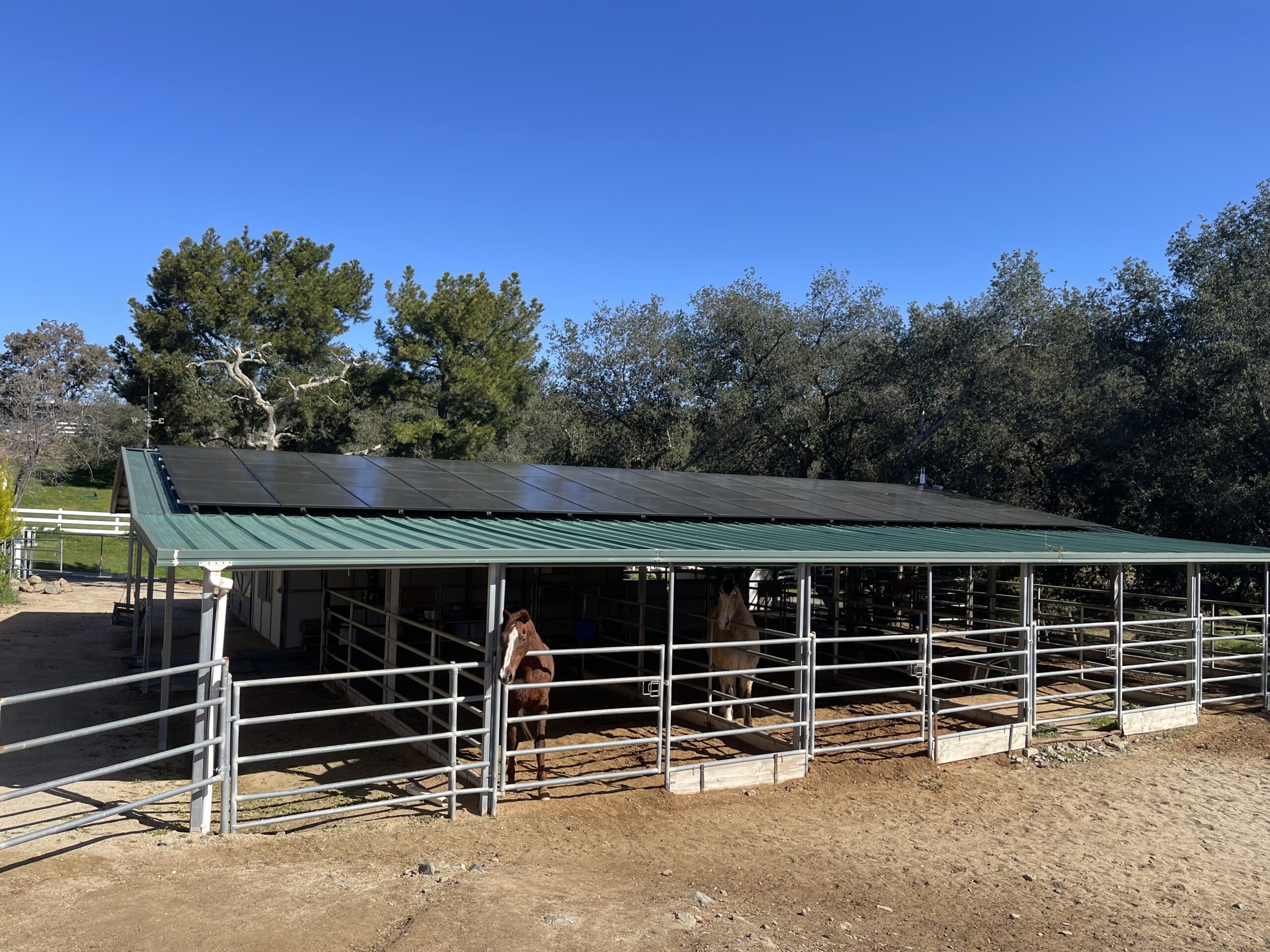 Stephens Family Solar Mounted on Horse Barn. This project is located in beautiful Menifee California and provides 100 percent of their electrical needs